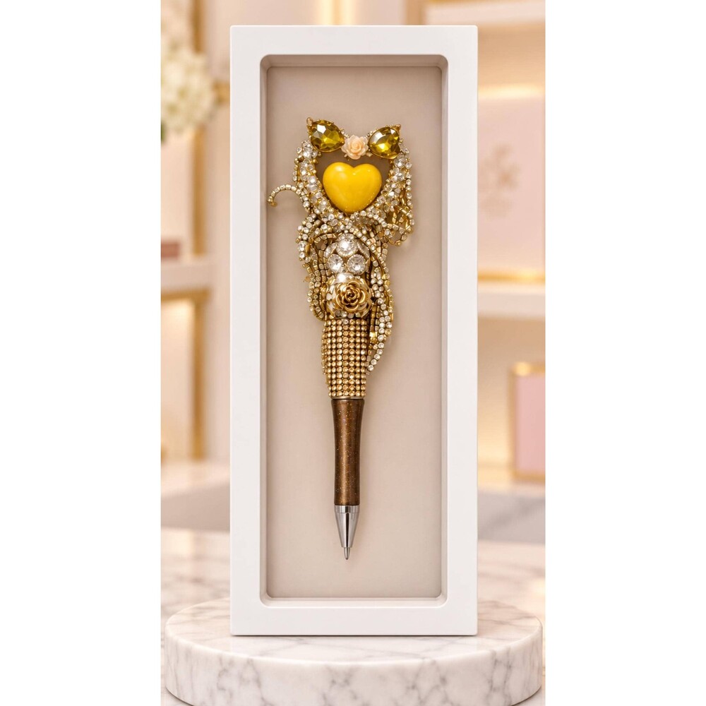 Handmade Jeweled Pen, Yellow Heart Rhinestone Pen, Gold Rose Statement Pen